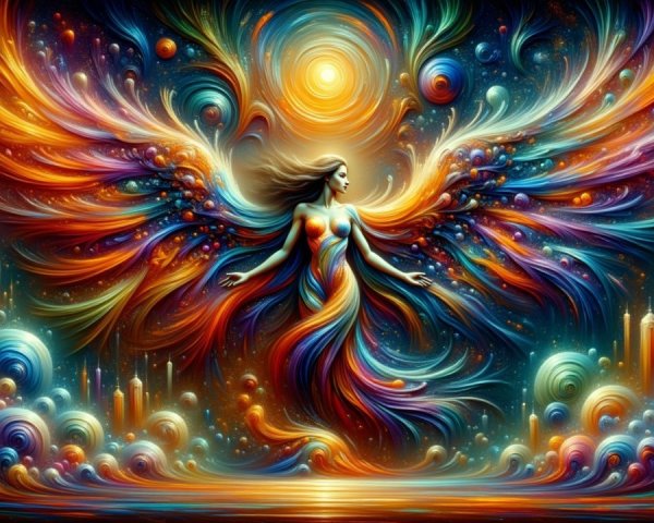 Ethereal Figure with Colorful Wings in Cosmic Scene