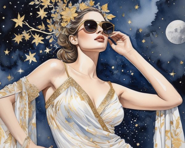 Glamorous Woman in White Gown Under Starry Sky