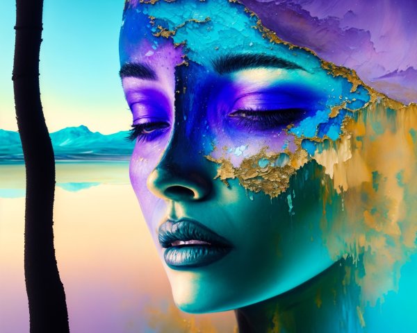 Serene Face in Vibrant Surreal Landscape Art