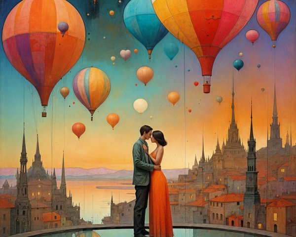 Couple in Twilight with Hot Air Balloons and Landscape