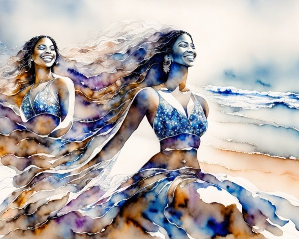 Ethereal Woman Dancing by the Ocean in Pastel Hues