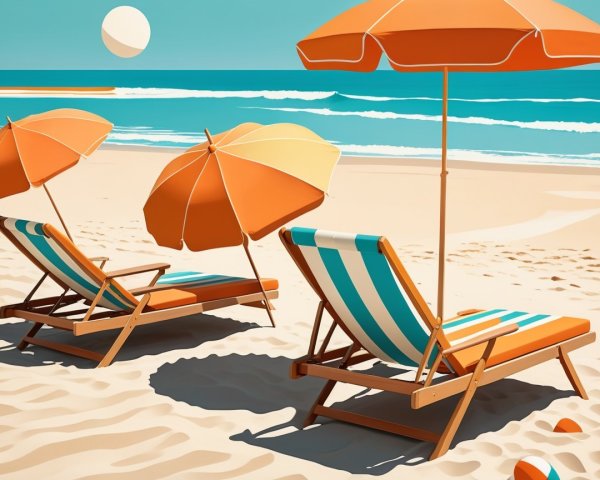 Beach loungers and umbrellas on sandy shore scene