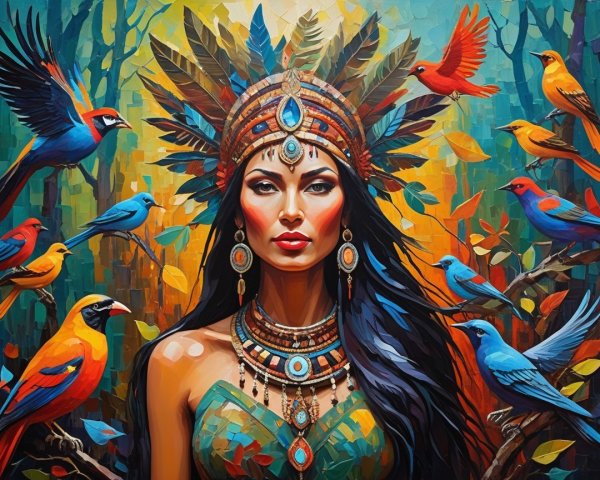 Colorful Artwork of Woman with Jewelry and Birds