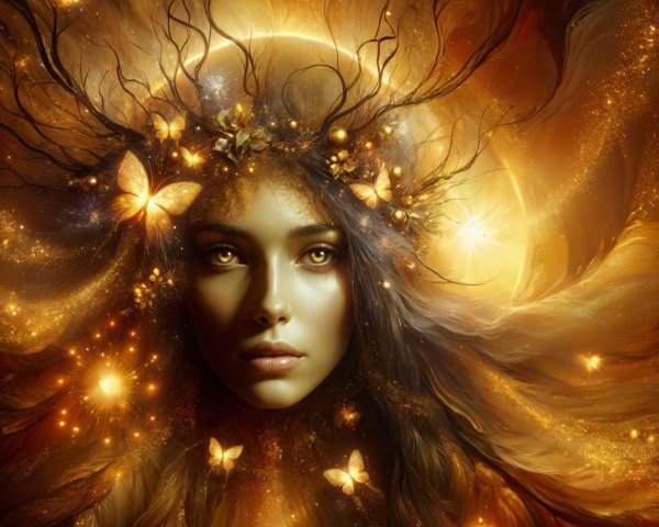 Portrait of a woman in cosmic golden hues and butterflies
