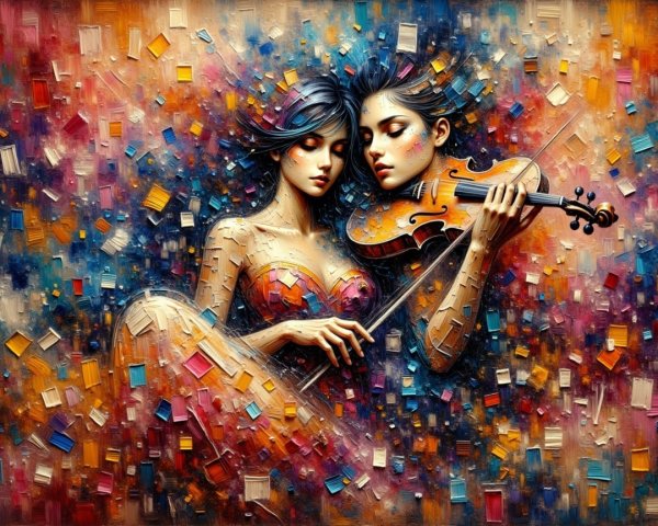 Stylized Female Figures in Harmonious Musical Scene