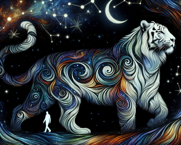 Majestic Tiger in Cosmic Scene with Human Figure