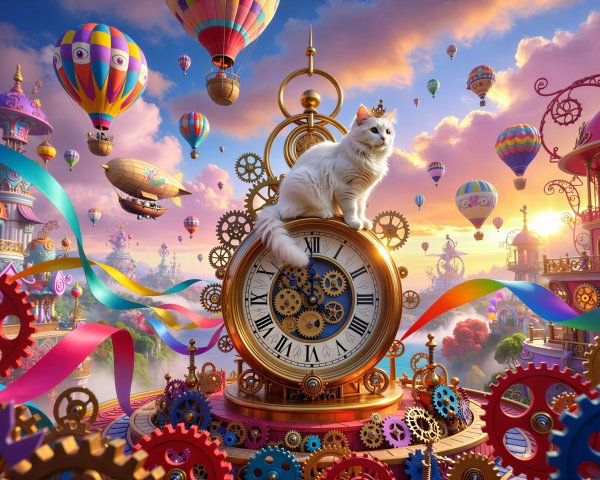 Fluffy White Cat on Golden Pocket Watch in Steampunk Scene