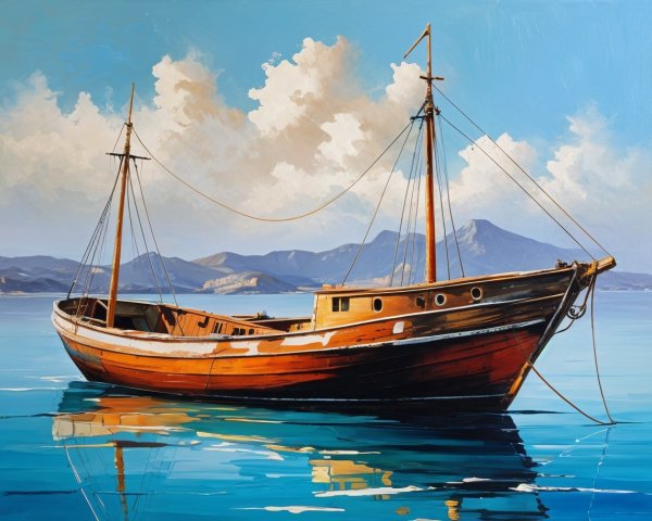 Wooden Boat on Turquoise Waters with Mountain Backdrop