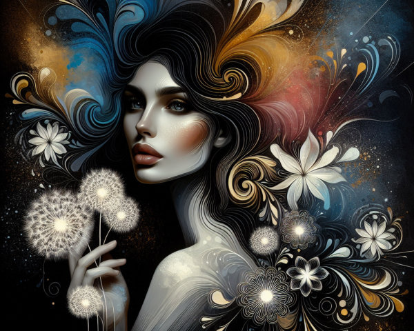 Stylized portrait of a woman with floral hair design
