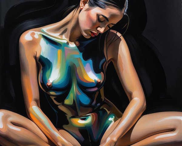 Meditative Woman with Colorful Liquid Paint Details