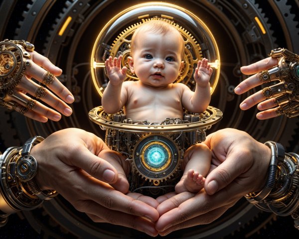 Futuristic Scene of Baby in Mechanical Cradle
