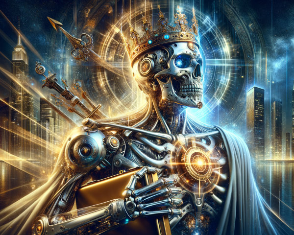 Futuristic Robotic Figure in Vibrant Cityscape