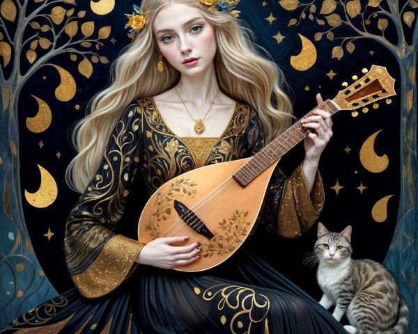 Serene Woman in Moonlit Garden with Lute and Cat