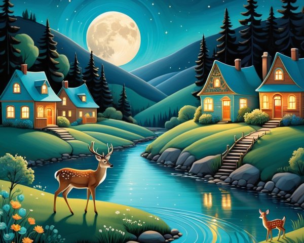 Serene Night Landscape with Full Moon and Deer