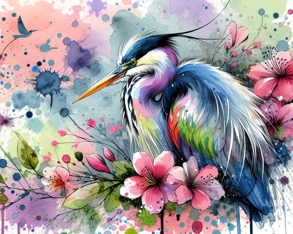 Watercolor Heron with Cherry Blossoms and Colorful Accents