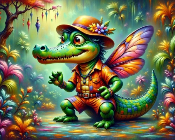 Whimsical Crocodile-Fairy Creature in Fantasy Landscape