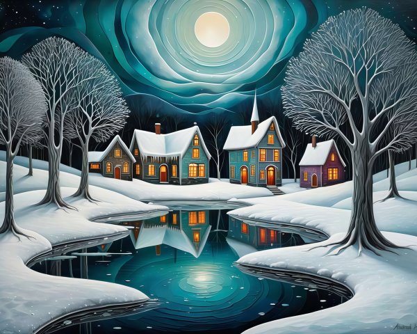 Dreamlike Winter Village Scene Under Moonlight