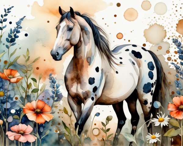 Majestic horse with floral backdrop in watercolor art