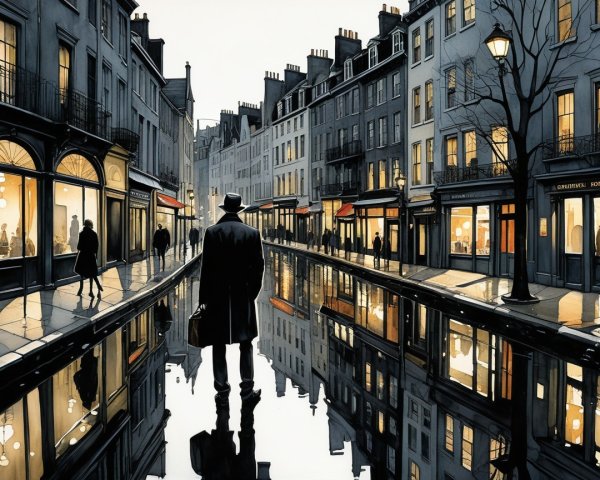 Rainy Street Scene with Warm Shop Lights and Silhouettes