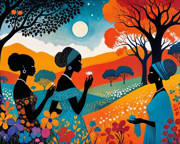 Silhouetted Women in Vibrant Outfits Amidst Nature