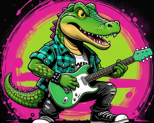 Cartoon Alligator Playing Electric Guitar in Neon Colors