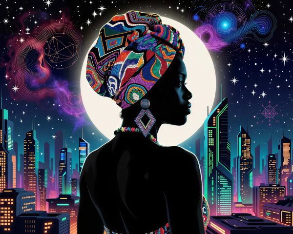 Dark-skinned woman overlooking neon city skyline at night