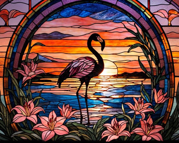 Vibrant Stained Glass Artwork of Flamingo at Sunset