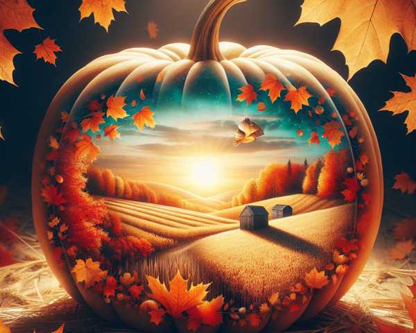 Carved Pumpkin Depicting Autumn Landscape Scene
