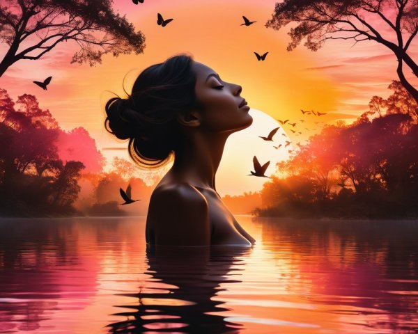 Woman in tranquil lake at sunset with butterflies