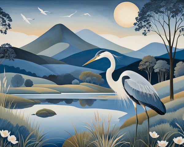 Serene Landscape with Heron by Tranquil Lake