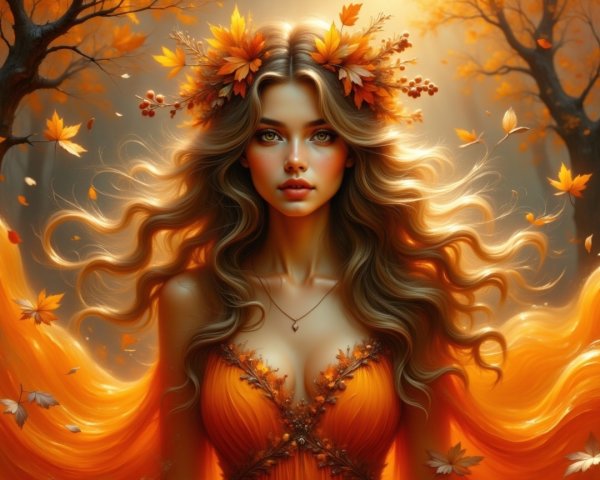 Woman in Orange Dress with Autumn Leaf Crown