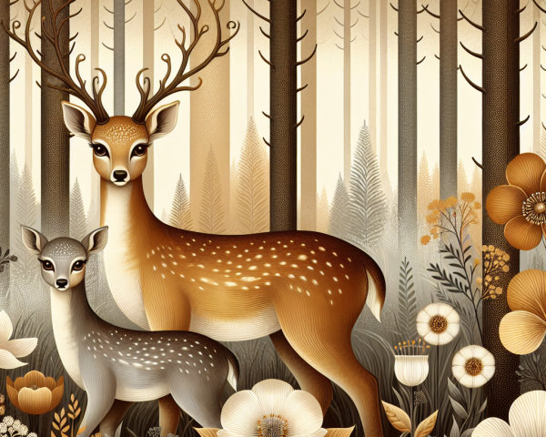 Serene Woodland Scene with Deer and Fawn