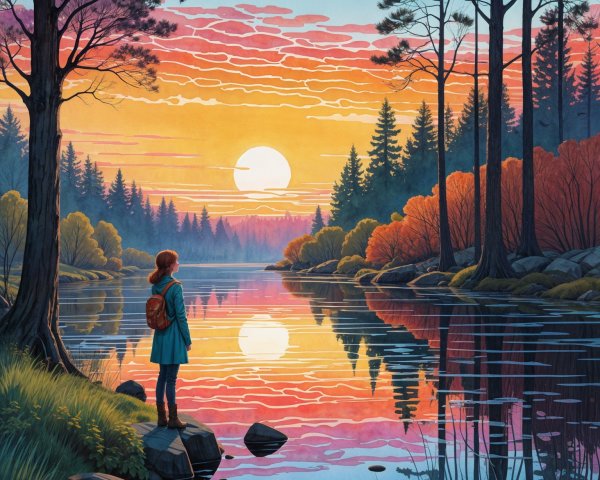 Young Girl by Tranquil River at Sunset Landscape
