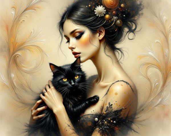 Serene Woman with Black Cat in Dreamy Background