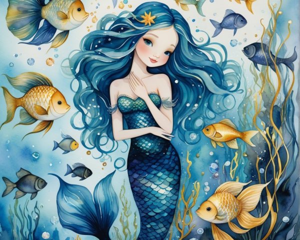 Whimsical Underwater Scene with Mermaid and Marine Life