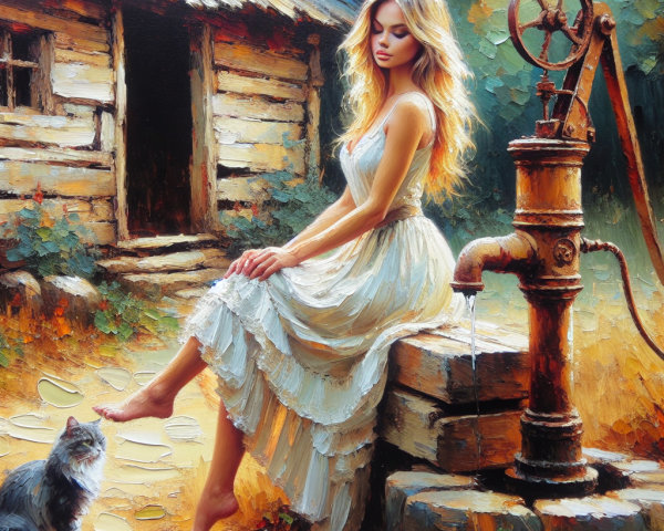 Serene outdoor scene with a woman and a cat