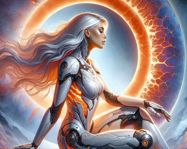 Futuristic Female Cyborg in Dark Rocky Landscape