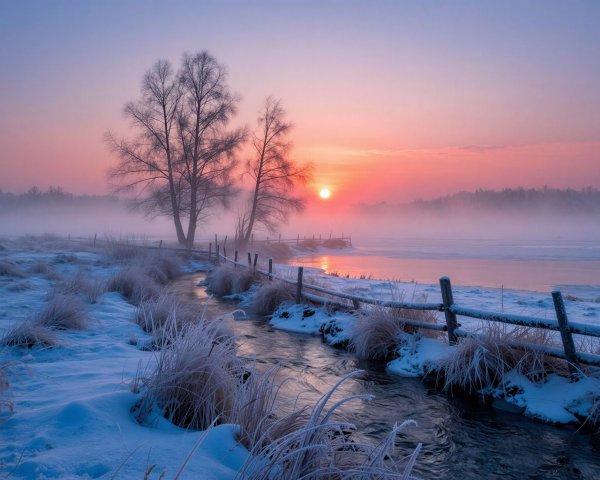 Winter Landscape with Stream and Colorful Sunset