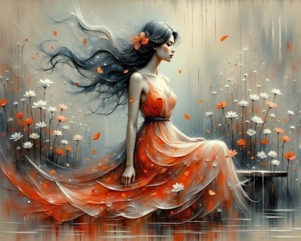 Serene Woman in Orange Dress Surrounded by Flowers