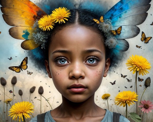 Young girl with butterfly wings in serene nature scene