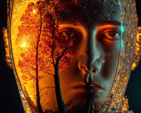 Translucent Humanoid Face with Nature Elements