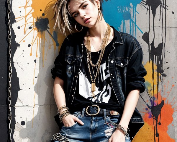 Young Woman in Edgy Outfit by Graffiti Wall