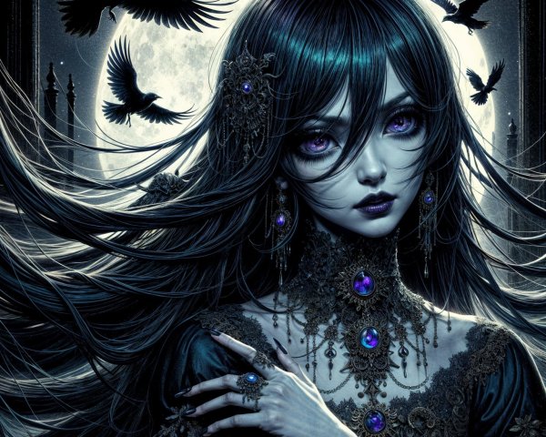 Mysterious Woman Under Full Moon with Crows