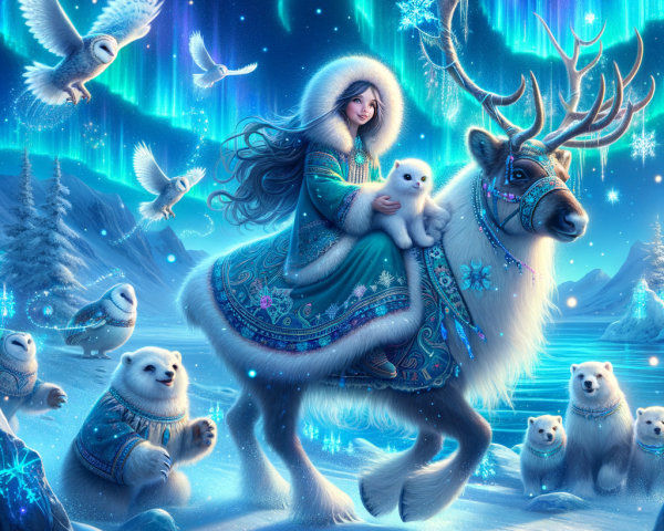 Young Woman on White Reindeer Under Aurora Borealis