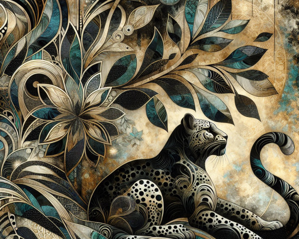 Stylized leopard among intricate leaves and flowers