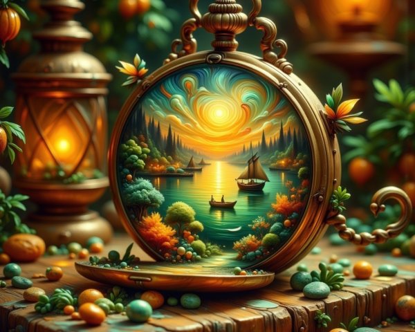 Vibrant Sunset Scene on a Crafted Pocket Watch