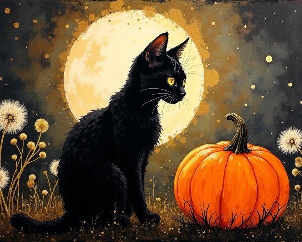 Black Cat and Pumpkin Under a Full Moon Scene