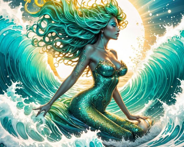Mermaid on a Wave with Turquoise Hair and Ocean Colors