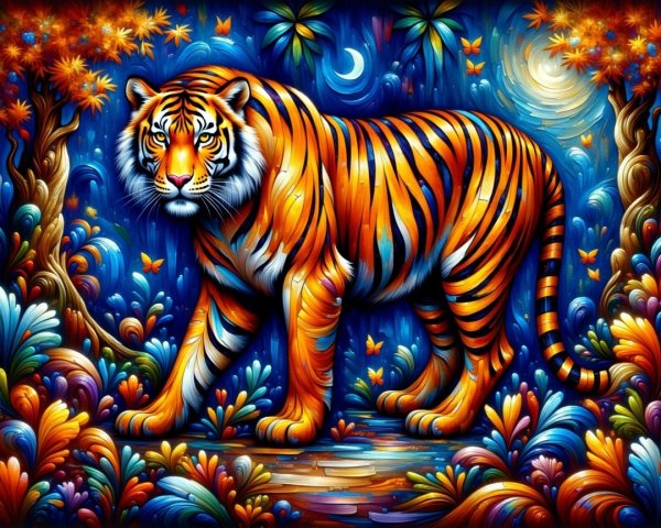 Colorful Tiger in a Fantastical Moonlit Landscape