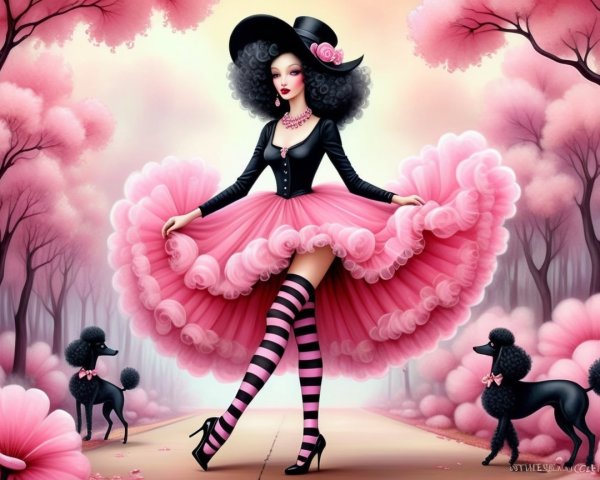 Stylish Woman in Pink Skirt Dances in Whimsical Setting